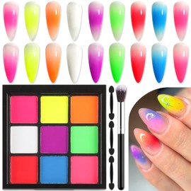Furtherpretty Neon Nail Pigment Powder Palette Set, 9 Colors Solid Fluorescent Aura Powder for Ombre Nails, Pigmentos Sólidos y Sombras para Uñas, Nail Art Decoration Accessories with Brushes