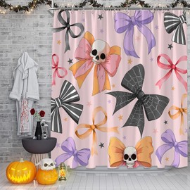 GCTNBJL Halloween Cute Shower Curtain Colorful Bow Skull Gothic Funny Festival Pink Black Purple Bathroom Home Curtain with Hooks,70x70 Inch