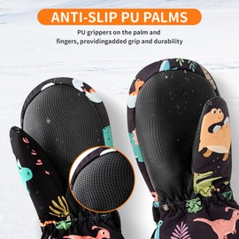 Caudblor Kids Mittens for Age 2-4,5-7,8-10, Dinosaur Toddler Waterproof Long Cuff Winter Mitten Gloves for Boy, Black Little Boys Fleece Snow Mittens, Lightweight Childrens Mittens for Skiing,Skating