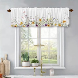 XIAONGYAER Wild Flowers Daisies Windows Treatment Valances Nature Scenery in Meadows Short Kitchen Curtains Blackout Drapes Rod Pocket Topper Panel for Bathroom Bedroom Living Room 54x18inch