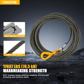 Steel Winch Cable 9/16" x 100FT Wire Rope with 360° Swivel Self-Locking Hook, Towing Cable Heavy Duty, 17637 Lbs Breaking Strength, 4409 Lbs Capacity, 6x37 Construction, for Truck, Winch