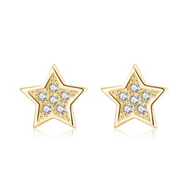 SLUYNZ 925 Sterling Silver Small CZ Star Stud Earrings for Women Teens Small Celestial Earrings Studs (B-GOLD)