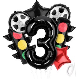 9pcs Race Car Birthday Balloons Decorations, Car Theme Party Supplies with Number 3 Traffic Signal Stars & Tire Balloons for 3rd Kids Birthday