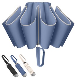 Trenovo Inverted Umbrella with Carabiner Handle, Compact Travel Windproof Umbrellas For Rain and Sun, Portable Reverse Folding UV Umbrella Upside Down, Large Car Umbrellas for Women Men (Blue)