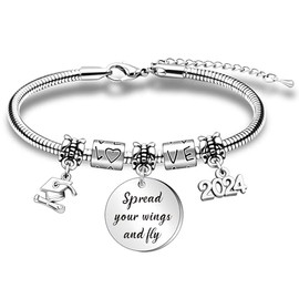 WTOPP Graduation Gifts for Her 2024 Bracelet,Inspirational Bracelet with 2024 Graduation Grad Cap Mantra Quote Spread Your Wings And Fly，Graduation Bracelet College Gifts