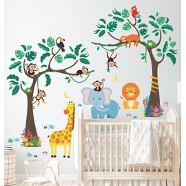 DECOWALL SG-2112 Jungle Tree Animals Kids Wall Stickers Monkey Elephant Giraffe Decals Removable for Nursery Bedroom Living Room Art Mural Decoration