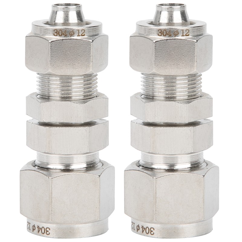 2Pcs Ferrule Compression Fitting Bulkhead Connector 2‑Touch Straight 304 Stainless