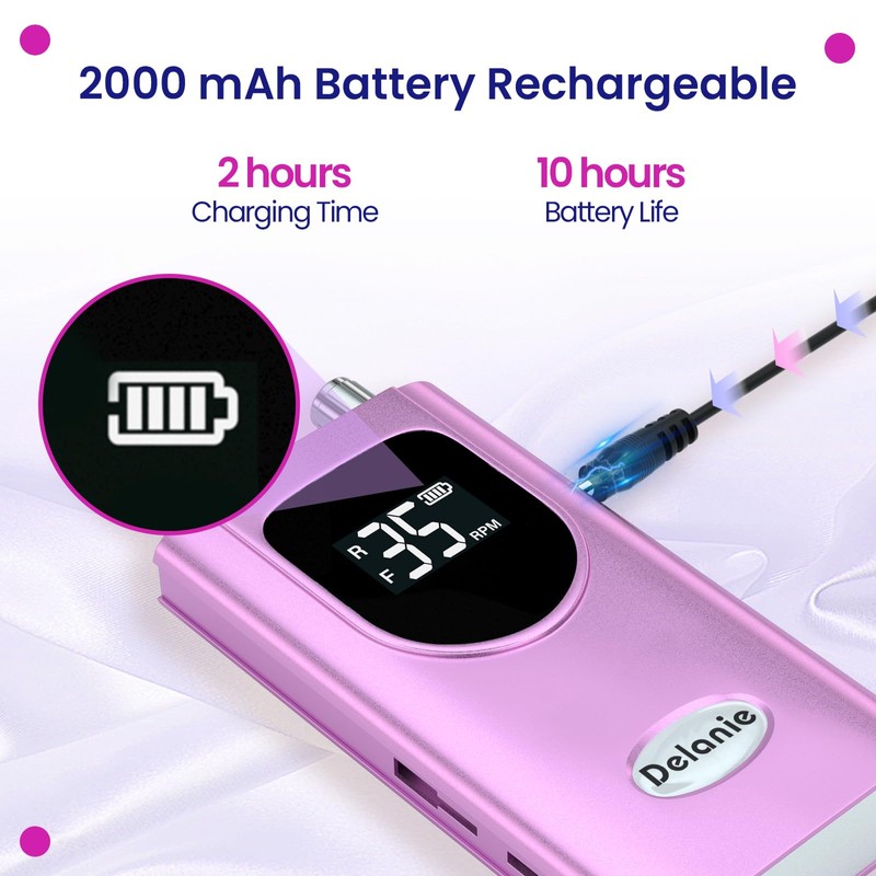 Delanie Electric Nail Drill Professional 35000 RPM Rechargeable Portable E-File