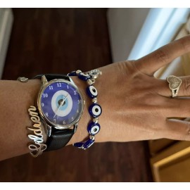 Unbranded Eye Quartz Watch Silver Real Leather Band/Eye Stretch Bracelet (Set)As Picture🧿