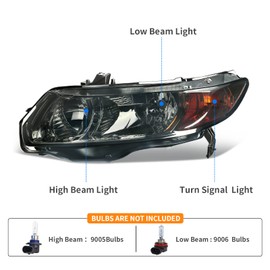 DWVO Headlight Assembly Compatible with 2006 2007 2008 2009 2010 2011 Civic 2 Door Coupe Black Housing Amber Reflector