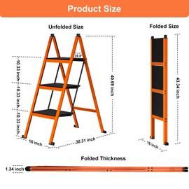 Ainai 3 Step Ladder,Aluminum Ultra Thin Folding Step Stool,400 Lbs Capacity Heavy Duty with Anti-Slip Sturdy and Wide Tread,Closet Slim Step for Home,Kitchen and Office,Space Saving (Orange, 3-Step)