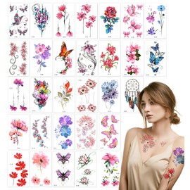 30 Blatt Tattoo Temporär, Temporary Tattoos mit Blumen Rosen und Schmetterlingen Wasserdicht, Hautfreundlich und Einfach zu Entfernen für Festivals Partys oder Kreative Körperkunst