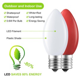 Minetom 25 Pack C9 LED Christmas Light Bulbs, Red White Plastic C9 Shatterproof LED Bulbs Replacement for Christmas String Lights, E17 Intermediate Base, Commercial Dimmable Holiday Bulbs