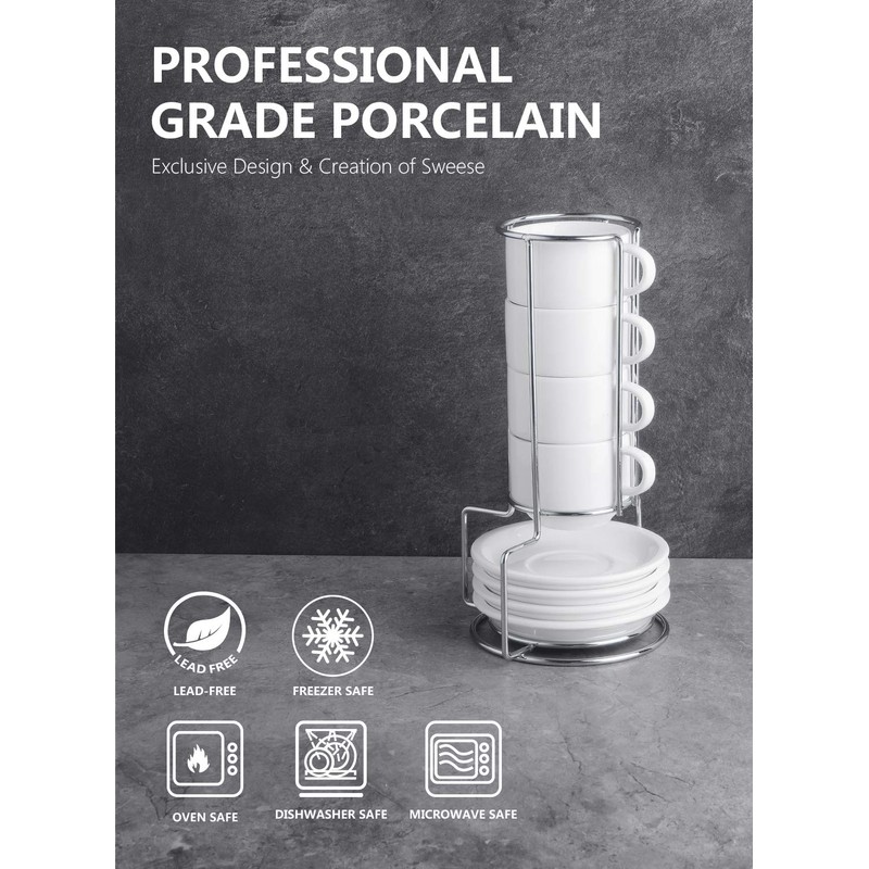 Sweese 2.5 Ounce Porcelain Stackable Espresso Cups with Saucers and