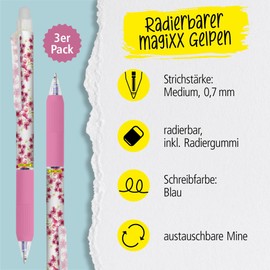 Online magiXX, 3 x Cherry Blossom Erasable Gel Pens, Blue Erasable with 0.7 mm Line Width, Rollerball Pen for Learning to Write, Office, Erasable Pen Set, Erasable Ballpoint Pen for Students