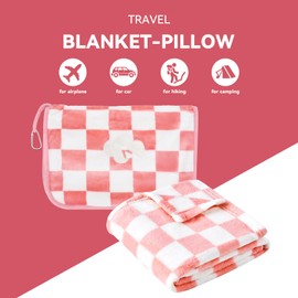 Travel Blanket and Pillow Compact, Premium Soft 3 in 1 Airplane Blanket with Soft Bag Pillowcase，Hand Luggage Sleeve, Backpack Clip and Eye Mask (Ckeckered Pink)