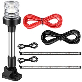 Rossesay White LED Boat Stern Light with 2 Pcs 8.2ft Extra Cables All Round 12-24v, and 2 Pcs Navigation Lights LED Anchor for Boats Red and Green Running Marine(9 Inch)