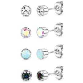 JeweBella 4 Pairs Titanium Earrings for Women Men Hypoallergenic Cubic Zirconia Opal Stud Earrings G23 Titanium Piercing Sleeper Cartilage Stud Earrings Set for Sensitive Ears 3/4/5MM