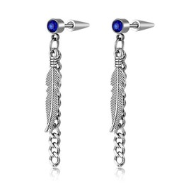 WCRAZYE Feather Earrings for Men Women 316L Surgical Stainless Steel Crystal Feather Chain Tassel Dangle Drop Earrings Punk Hip Hop Vintage Feather Drop Earrings Party Birthday Jewelry (Silver blue crystal chain)