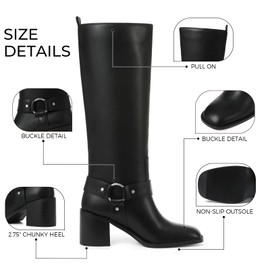 Tscoyuki Black Knee High Boots Women Chunky Heel Square Toe Tall Boots for Women Wide Calf Long Boots Buckle Slip On Riding Shoes, Size 10