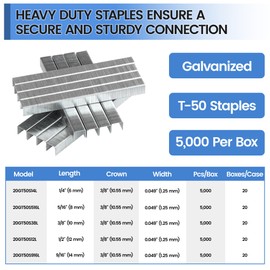 meite T50 Staples, 1/4 Inch Length Heavy Duty Staples for Staple Gun, Galvanized, 20 Gauge 3/8" Crown, Compatible with T50 Staple Gun, Ideal for Upholstery, Construction, Furniture (5,000 Counts)