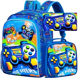FTJCF Gamer Backpack for Boys, 16" Kids Bookbag with Lunch Box, 3Pcs Gaming School Backpacks for Elementary Preschool Kindergarten (Blue)