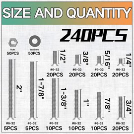 Zmbroll #6-32 240Pcs Flat Countersunk Head Phillips Cross Screw 304 Stainless Steel Fasteners Bolts and Hex Nuts Kit Phillips Drive Full Thread Extra Long Outlet and Device Mounting Screws