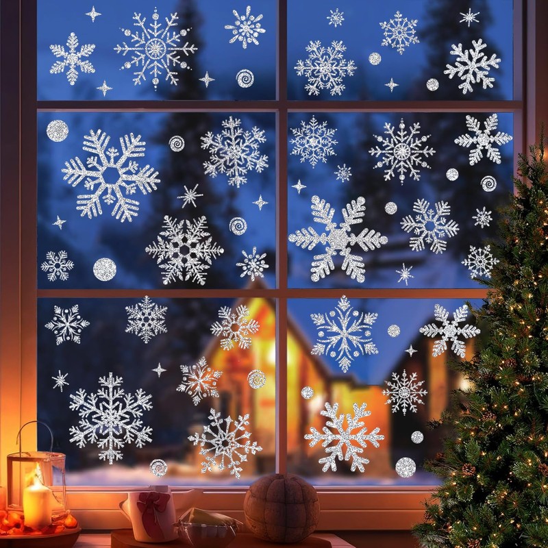 Topeedy 9 Sheets Silver Snowflake Window Stickers,Reusuable Large Silver Window