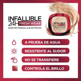 LOréal Paris Infallible 24H Fresh Wear, Base de Maquillaje en Polvo con SPF 25, Alta Cobertura con Acabado Mate, Larga Duración y Control de Brillo,  