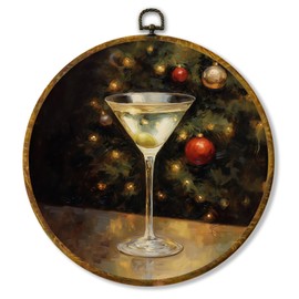 shiviody Vintage Christmas Bar Canvas Wall Art Decor, Winter Christmas Martini Cocktail Round Hanging Frame Prints Decorations for Home Bar Cart Kitchen Dining Room 10"x10"