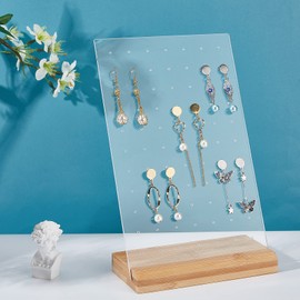 PandaHall Earring Pins Display Pegboard, 77 Holes Crystal Acrylic Earring Hanger Board Earring Holder Stand Jewellery Organiser with Wooden Base for Earring Necklace Jewellery Display 24 x 15 cm