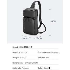 KINGSONS Sling Crossbody Bag Anti-theft Chest Shoulder Backpack for Men Waterproof Minimalist Casual Daypack for Travel Gym
