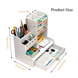 Hggzeg Desk Organiser with Drawer, Multi-Purpose Pen Holder, Stationery Desk Storage Box for Home, Office and School, PB17 White