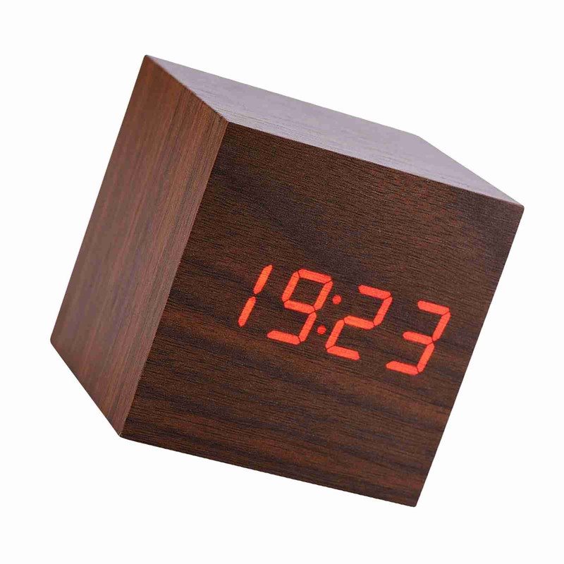 6x6x6cm Wooden Electronic Digital Alarm Desk Clock Temperature LED Display