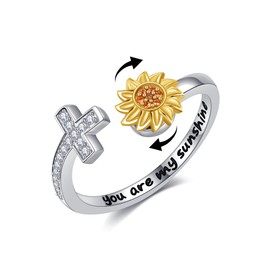 AXOMY Sunflower Fidget Rings for Anxiety 925 Sterling Silver Cross Spinner Ring Open Adjustable You are My Sunshine Ring