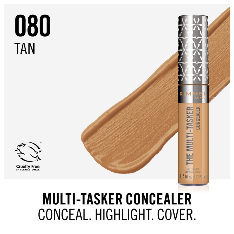 Rimmel London, Multi-Tasker Concealer, 080 Tan, Crease-Proof, Transfer-Proof, Waterproof, Up