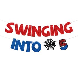 Swinging into 5 Banner Superhero Themed Birthday Party Decorations Garland for Kids Boys Girls 5th Birthday Bunting Decor for Spider Party Supplies