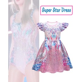 Kids Singer Era Costume, Girls Glitter Sequin Print Flying Sleeve Princess Dress Singer Concert Stage Outfit