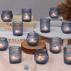12 Pcs Clear Blue Glass Votive Candle Holders, Vintage Candle Holder Bulk, Tealight Candle Holders for Table Centerpieces, Home, Bridal Shower, Birthday, Party Table Decor
