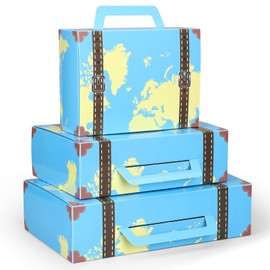 Weekgrat 6 Pcs Large Vintage Travel Suitcase Box Travel Party Decorations Paperboard Suitcases Gift Box Decorative Set of 3 Small Stackable Storage Chests Decor for Themed Party Favors (Map,Blue)