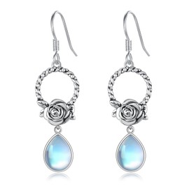 JFASHOP Moonstone Earrings for Women 925 Sterling Silver Rose Moonstone Drop Earrings Filigree Drop Earrings Moonstone Stud Earrings Jewellery for Women Girls, Silver