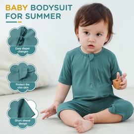 HAHASHOW Bamboo Romper for Newborns, Summer Baby Costume with 2-Way Zip, Short Sleeves Pyjamas, Baby Jump, Pea Greeen