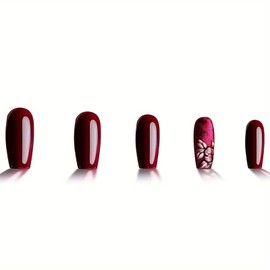 Valentine’s Wine Red Press on Nails Medium Square Fake Nails with Unique Floral Design Reusable Flower Acrylic Nails Full Cover Glossy Stick on Nails for Women Valentines Day Date Party Nail Art 24Pcs