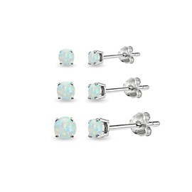 Opal Earrings for Women Sterling Silver Synthetic White Opals Gemstone Round Studs Jewelry Set for Bridesmaids, 3mm 4mm 5mm, 3-Pairs