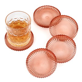 OGANAZI Modern Clear Coaster Set of 5- Glass Coasters for Drinks Crystal Coasters Round Cup Coasters Coffee Table Decor for Office, Kitchen, Bar, Dining Room, Living Room, Patio(Clear Red)