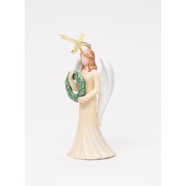 Fine Porcelain Christmas Celebration Angel Holding Wreath Tree Ornament Figurine, 4 in
