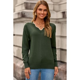 Dokotoo Sweaters for Women Casual Long Sleeve Sweaters Fall Outfits for Women 2025 Loose V Neck Knit Solid Pullover Sweater Vineyard Green Small