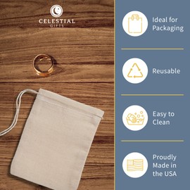 Celestial Gifts Muslin Bags - 100% Cotton Drawstring Bags Medium 50pcs, 4x6, Reusable Tea Bags, Jewelry Gift, Spice and Pouch Gift Sachet Bags - Made in USA - (Natural Hem and Drawstring)