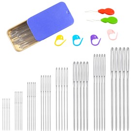 Eketirry 46 PCS Large-Eye Blunt Needles kit, 8 Sizes Stainless Steel Yarn Knitting Sewing Needles, Crafting Weaving Stringing Needles with Threaders and Stitch Markers(Blue)