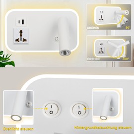 uksunvi LED Reading Wall lamp with Universal Socket, USB Type-C Dual Adjustable Charging Port Switch 12W Rotating Wall lamp with Three Color dimming (White Rectangle)